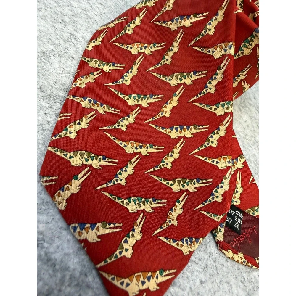 Salvatore‎ Ferragamo Mens Silk Tie Red Crocodile Alligator Print Made in Italy
